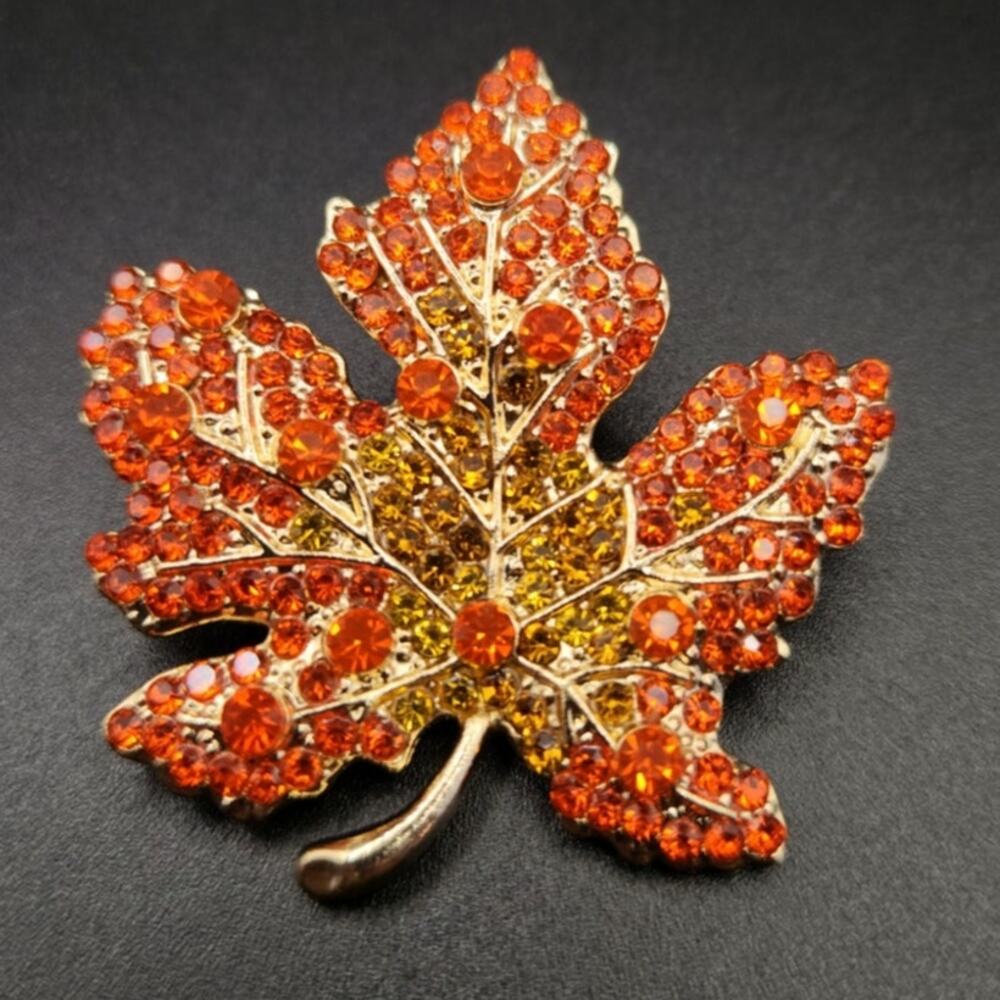 Autumn Maple Leaf Brooch Pin Sparkling Orange & Amber Rhinestones